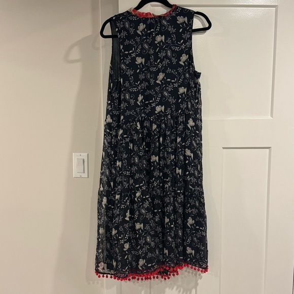 Johnny Was Jade Susila Silk Dress Red Pom Trim Blue White Print Size Medium NWOT - Picture 4 of 9